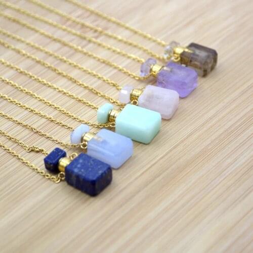 Natural lapis amethysts amazonite Essential Oil diffuser gems-stone Perfume bottle necklace Healing crystal Chakra vial for girl