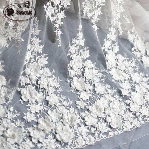 Ivory White Wedding Dress Lace Fabric, 3D Chiffon Flowers Nail satin Bead High End European Lace Fabric Free Shipping RS583