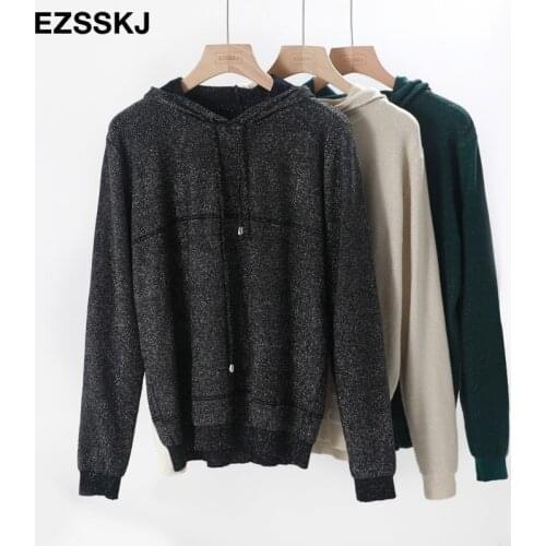 New hooded Lurex Sweater Women spring autumn Glitter sweater Pullover Female Knitted Sweater casual jumpers long sleeve