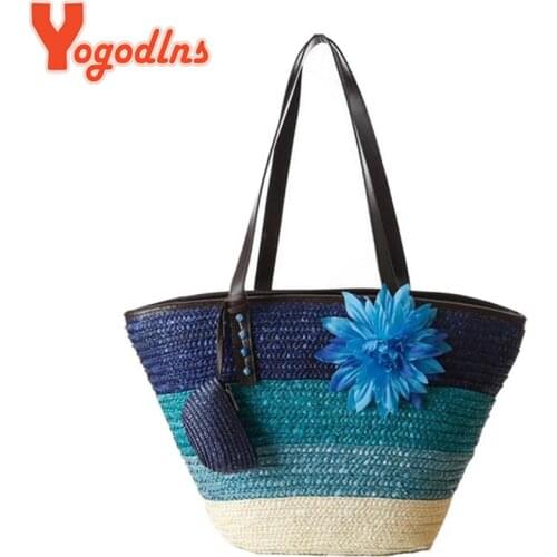 Yogodlns Knitted Straw bag Summer flower Bohemia fashion womens handbags color stripes shoulder bags beach bag big tote bags