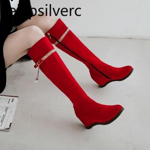 Womens Boots The New winter fashion zipper Internal increase mid heel High tube Womens shoes plus size 33-43 Heel Height 6cm