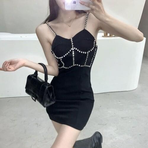 Ladies Sexy Diamond-studded Sling One-step Dress Fashion New Temperament Slim Black Mini Length Party Dress y1022