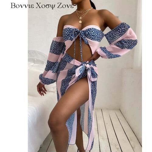 Women Off Shoulder Polkadot Print Cutout One Piece Swimsuit With Cover Up