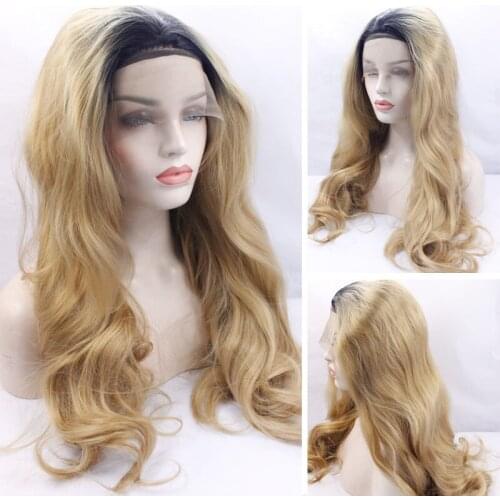 Womens Natural Looking Mix Blonde Wig Ombre Dark Roots Two Tone Long Synthetic Hair Natural Hairline Handmade Lace Front Wigs
