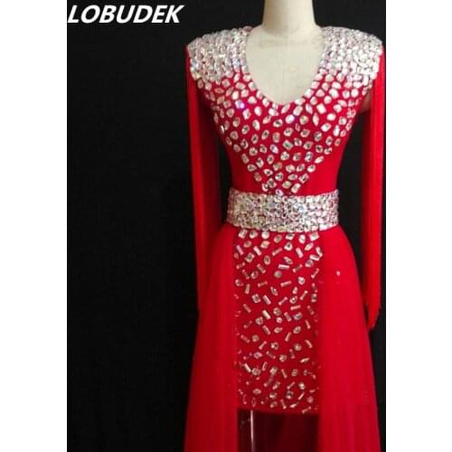 Full Diamond Female Dress Sparkly Crystals tassels Bar DJ DS costume Nightclub Prom Women Host performance tail dress party show