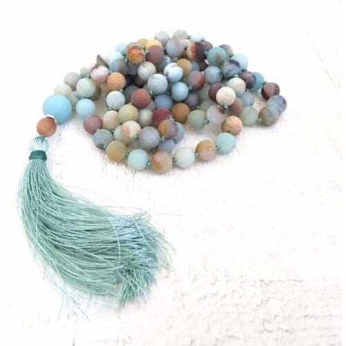 2019 NEW STYLE 108 Mala Necklace Hand Knotted Matte Amazonite Mala Beads Tassel Necklace Balance Meditation Prayer Jewelry Yoga