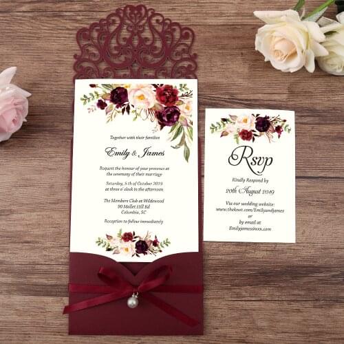 50pcs Burgundy New Arrival Horizontal Laser Cut Wedding Invitations with RSVP card,pearl ribbon,CW25001B,Customizable