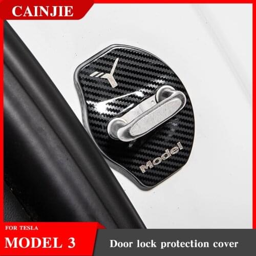 For Tesla Model Y 2021 Accessories Decorative Cover For Door Lock Carbon Fiber Pattern Metal Door Lock Protection Cover Anti-ru