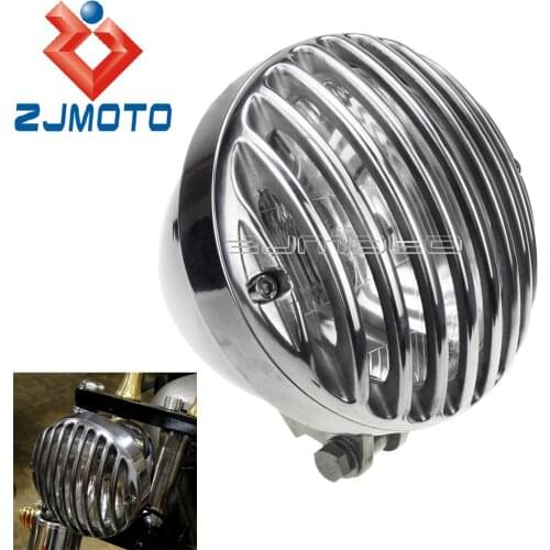 Custom Aluminum Grille Headlight H4 12V 60/55W Headlamp Polished Head Light For Cruiser Chopper Bobber Cafe Racer