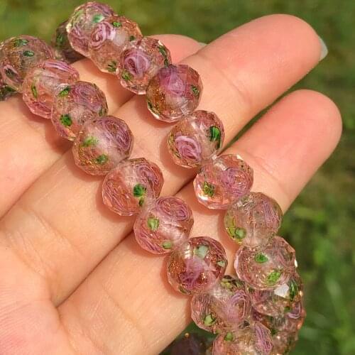 10mm Pink Flower Murano Transparent Faceted Rondelle Lampwork Crystal Glass Beads For Bracelet Making Women Diy Accessories