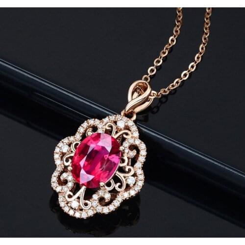 BLACK ANGEL 18K Rose Gold Luxury Ruby Pigeon Blood Red Tourmaline Pattern Openwork Pendant Necklace For Women Wedding Jewelry