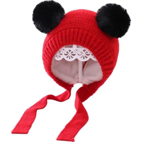 Kids Baby Knitted Beanie Hat Cute Double Pompom Ears Thicken Thermal Warm Plush Lined Earflap Skull Cap with Chin Strap