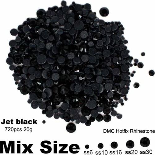 DMC Hotfix Strass Rhinestones Jet Black Mixed Sizes SS6 SS10 SS16 SS20 SS30 720pcs Iron On Glass Crystals And Stones DIY Crafts