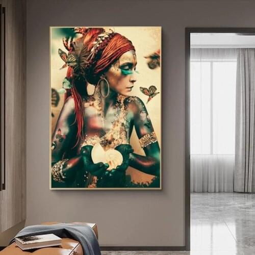 Home Decor Posters and Prints African Woman with Butterfly Canvas Art Modern Colorful Girl Paintings on The Wall Art Pictures