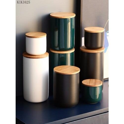 European Solid Color Ceramic Storage Jar Kitchen Bean Food Container Dispenser Coffee Tea Can Sundries Sugar Jar with Wooden Lid
