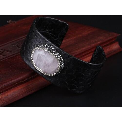 Faceted Oval Lapis Lazuli Bead Charm Pave Rhinestone Resizable Black Snake Leather Wide Wrap Open Bangle Cuff Women Jewelry