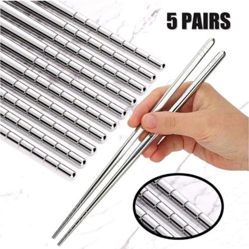 5 pairs/set Chinese Square Chopsticks Non-slip Stainless Steel Chop Sticks Set Reusable Food Sushi Hashi Tableware Kitchen