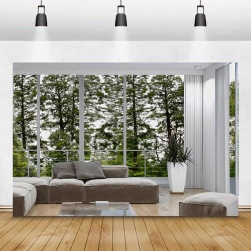 Laeacco Simple Modern Living Room Photography Backdrop Sofa Window Tree Forest Interior Scene Room Decor Background Photo Studio