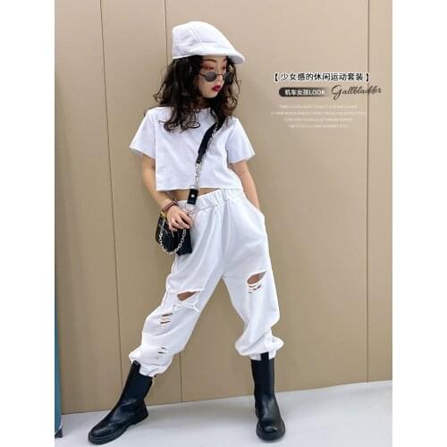 Boys and Girls Small Standard T-shirt 2021 Summer New Korean Version of The Big Childrens All-match Short Jacket Ripped Pants P