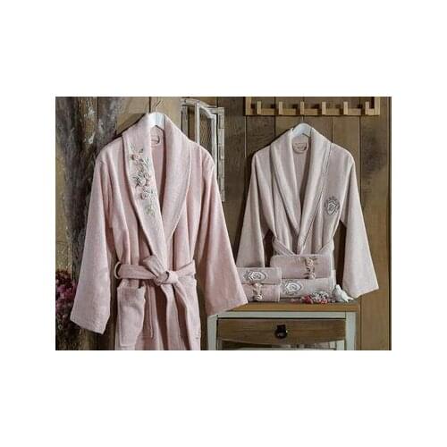 DowryWorld - Dantela Fancy Embroidered Bamboo Bathrobe Set (Powder and Stone Color)