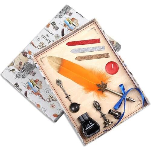 European Retro Colorful Feather Pen Set,3 Different Fire Paints,Dip Fountain Pen,Spoon,Seal,Red Wax,Pen Nib Base,Ink,Calligraphy