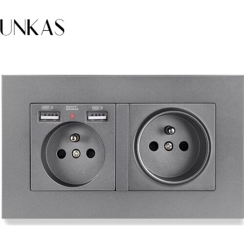 UNKAS PC Plastic Panel Wall Socket French Standard Power Outlet With Dual USB Smart Induction Charge Port 16A 146MM * 86MM