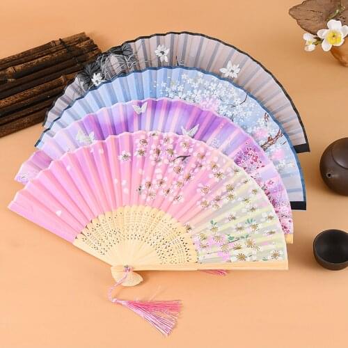 New Chinese Style Hand Held Folding Dance Fan Lace Silk Folding Hand Held Flower Fan Summer Wedding fan Party Dropshipping