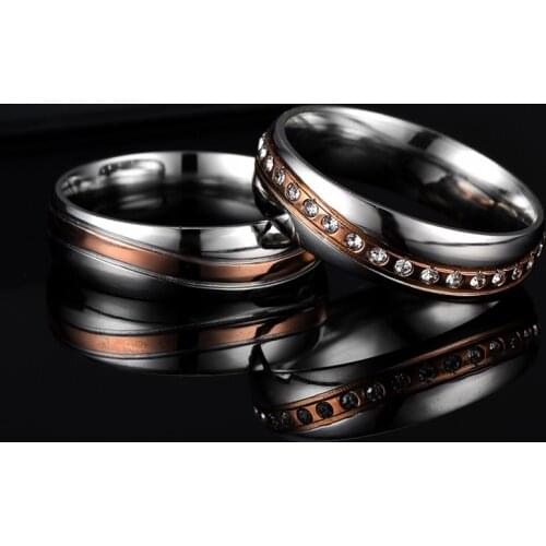 Simple Full Circle Rhinestone Couple Rings for Lovers Silver Color Stainless Steel Women Men Wedding Ring Valentines Day DH002