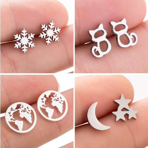 Sasusp Fashion Snowflake World Map Cat Moon Star Earrings For Women Stainless Steel Earrings Korea Female