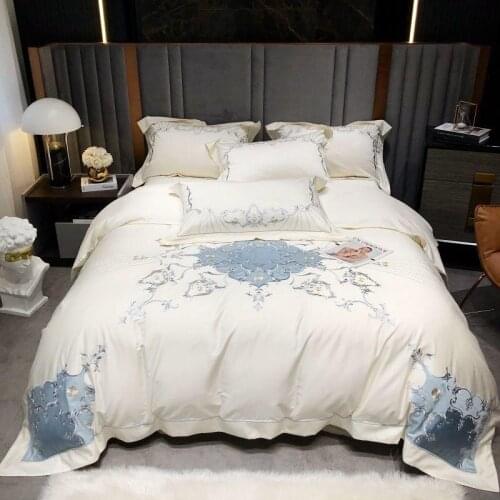 Chic Blue White Embroidery Duvet Cover Luxury 800TC Egyptian Cotton Patchwork Bedding Set comforter cover bed sheet pillowcase