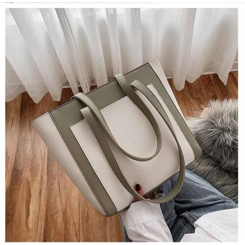 Contrast Color PU Leather Bags For Women Handbag 2020 Casual Wide Large Capacity Handbags Lady Shoulder Bag Quality Travel Totes