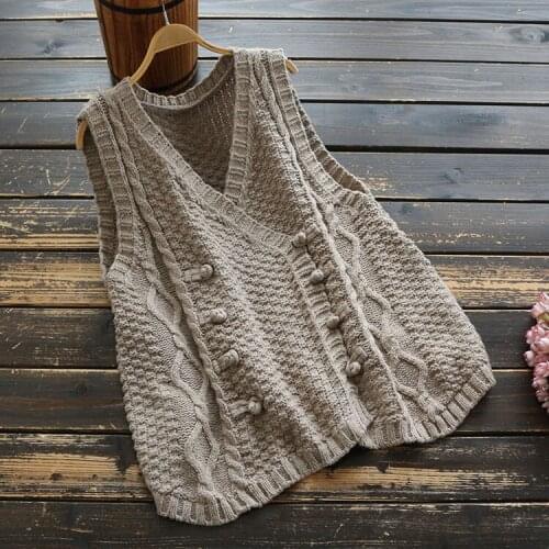 7287 Spring Autumn Women Sweater Literary Retro Double Breasted Buckle V-Neck Sleeveless Loose Knitted vest Sweater