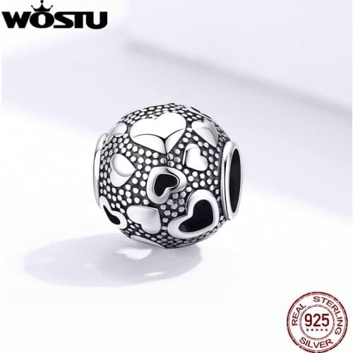 WOSTU Retro Heart Round Beads Real 925 Sterling Silver Fit Original Bracelet Charms Pendant Necklace Jewelry For Women FIC1451