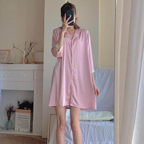 Women Summer New Satin Nightgown Lace Trim Turn-down Collar Sleepshirts One Size Short Home Dress Casual With Pocket Sleepwear
