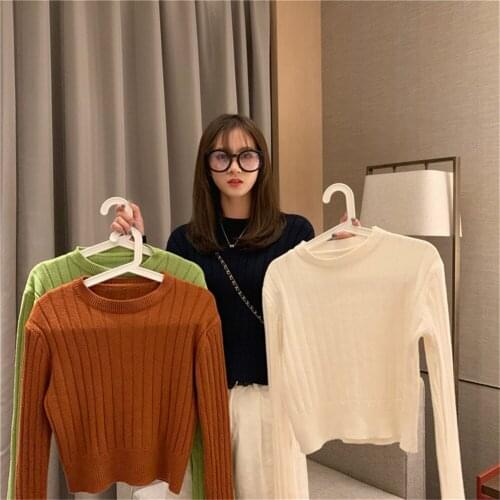 2021 Sweater Women Autumn Winter O-neck Knitted Sweaters Basic Pull Femme Chic Slim Solid Color Short Pullovers Jumper Soft 6069