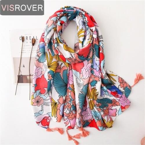 VISROVER tropical print scarf with tassel fashion summer viscose cactus scarf shawl women flamingo lady beach Boho Kawii scarves