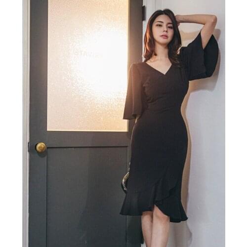 New Summer Slim Short Slevee Elegant Office Vestidoes Women Black Pencil Dresses Bodycon Sexy V-neck Work OL Dress Female