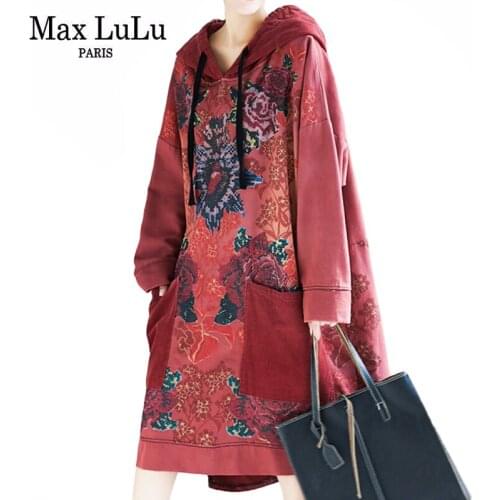 Max LuLu Red Hooded Dress Womens Loose Flowers Long Sleeve Casual Fitness Dresses Japan 2021 Lady Printed Harajuku Streetwear