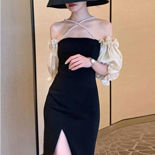 French Vintage Off Shoulder Dresses Women Design Puffer Sleeve Party One Piece Dress Korean 2021 Summer Black Mini Dress Y2k