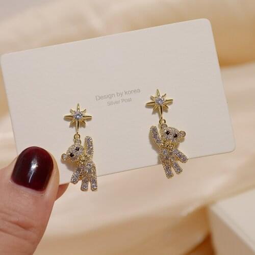 Hot Sale 14k Real Gold Shiny AA Zircon Star Bear Cute And Unique Ladies Banquet Party Wear Temperament Earrings