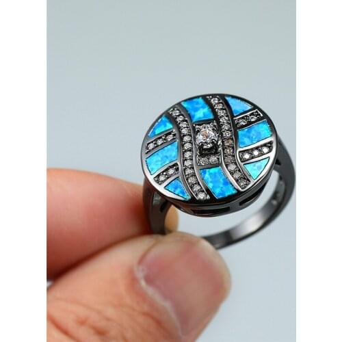 Big Round Engagement Promise Ring Boho Female Blue Fire Opal Stone Ring Vintage Black Gold Wedding Rings For Women Bride Jewelry