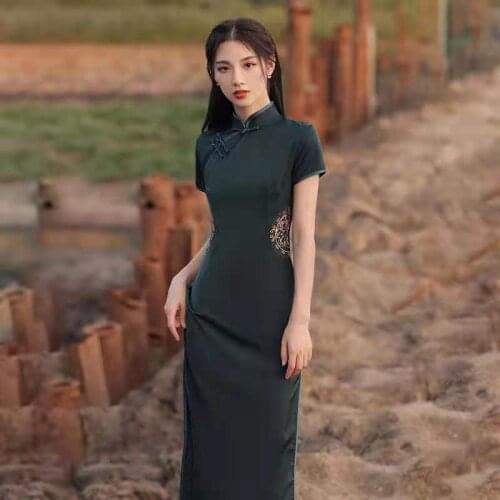 Classic Embroidery Slim Cheongsams Solid Elegant Satin Mandarin Collar Chinese Dress Vintage Qipao Vestidos Improved Long Gown