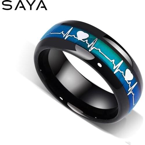 8mm Width Black Color Tungsten Carbide Rings Temperature Band with Heart Beating Pattern Temperature-sensitive Color, Engraving