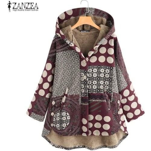 2021 ZANZEA Ethnic Printed Coats Womens Outerwear Casual Long Sleeve Fur Lining Jackets Female Hooded Windbreaker S- Tops