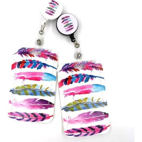 Colorful Feathers Leaves Cartoon Retractable Badge Reel Lanyard Nurse ID Business Credit Card Work Card Badge Holder Office