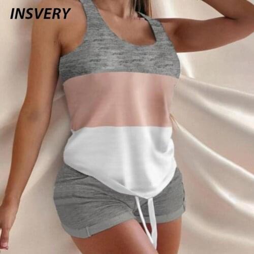 Summer Casual Two Piece Set Women Shorts Suit Patchwork Print Loose Homewear Sleeveless Tops And Shorts Set Streetwear
