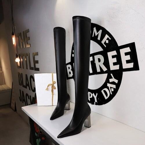 European and American fashion metal heel thick heel high heel pointy sexy nightclub slim legged over knee boots Plus Size 34-43