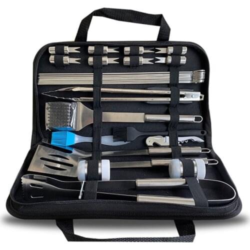 Set of 28 Stainless Steel Barbecue Tools Set with Nylon Bag Basting Brush Corn Holder Knives Skewer Tong Spatulars Sticks Turner
