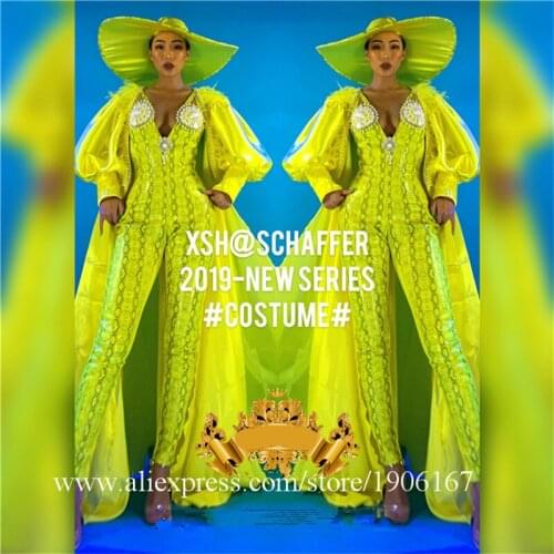 Nightclub GOGO female sexy yellow big cloak pearl snakeskin party girl clothes dance team stage performance outfit with big hat