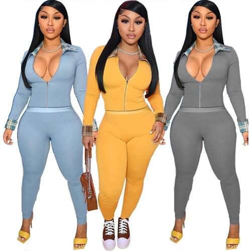 Autumn Women Solid Zipper Turndown Up Long Sleeve Top Pencil Pants Suit Two Piece Set Casual Sporting Tracksuit Outfit